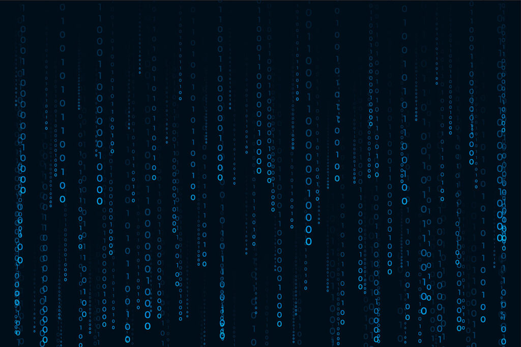Blue binary code digits vertically arranged on a black background.
