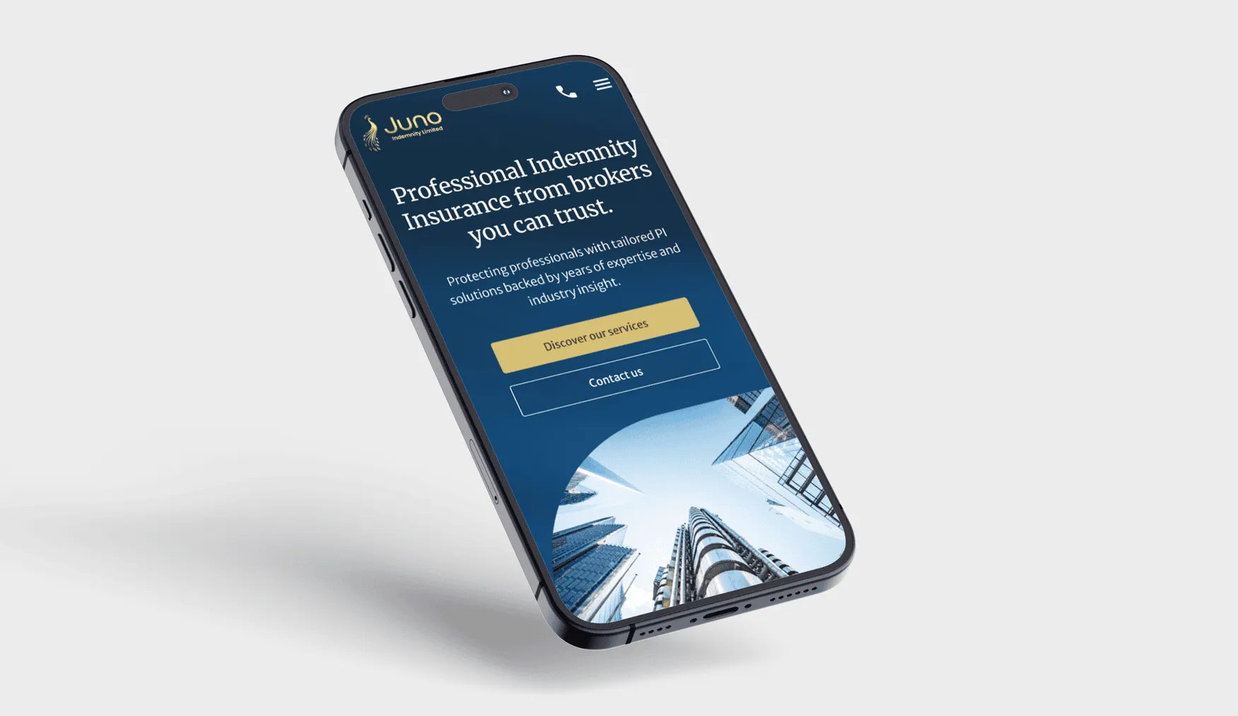 Juno Indemnity homepage on a mobile device