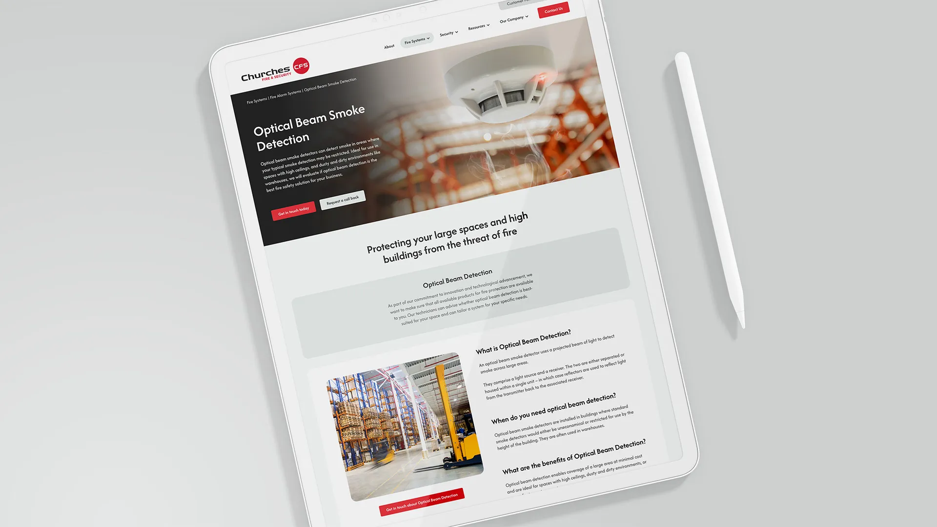 Churches Fire & Security's new website on a tablet
