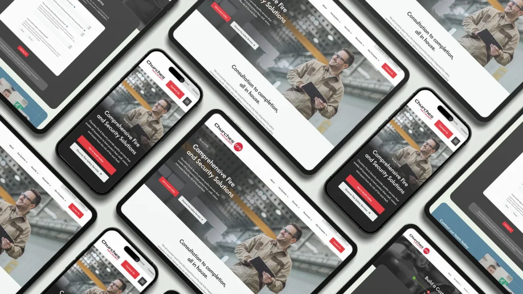 Churches Fire & Security's new website on a multiple devices all laid across a desk